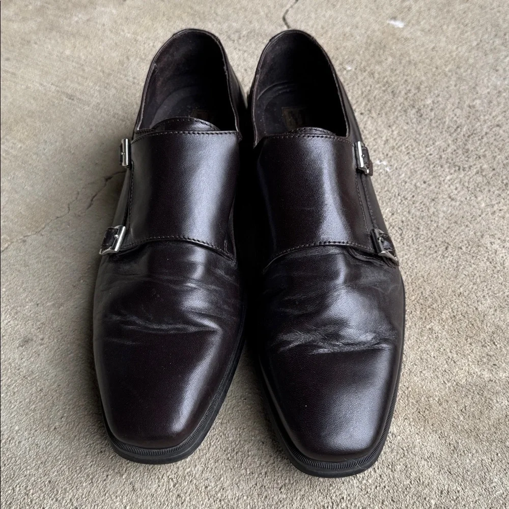 Bruno Magli mens 8.5 dark brown solid double monk strap leather dress shoes EUC